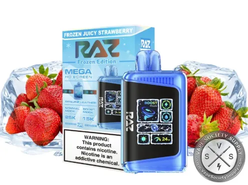 RAZ LTX 25K Frozen Edition Juicy Strawberry disposable vape and box with strawberries and ice