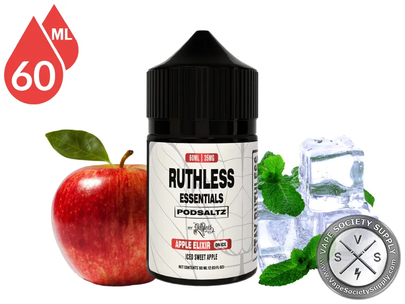 Apple Elixir On Ice Ruthless Essentials Pod Salt 60ml bottle with a red apple, mint leaves and ice