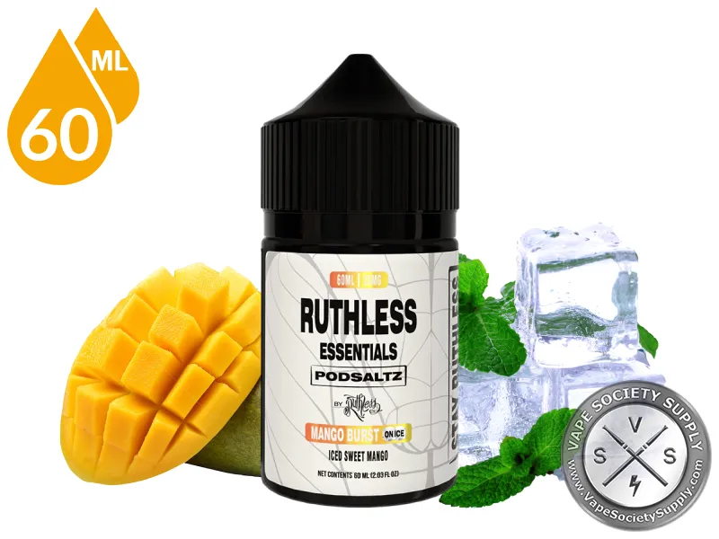 Mango Burst On Ice Ruthless Essentials Pod Salt 60ml bottle with mango, mint leaves and ice