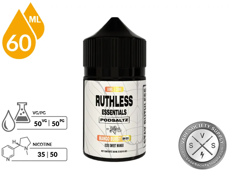 Mango Burst On Ice Ruthless Essentials Pod Salt 60ml bottle with a 50/50 VG/PG icon and nicotine strength icons