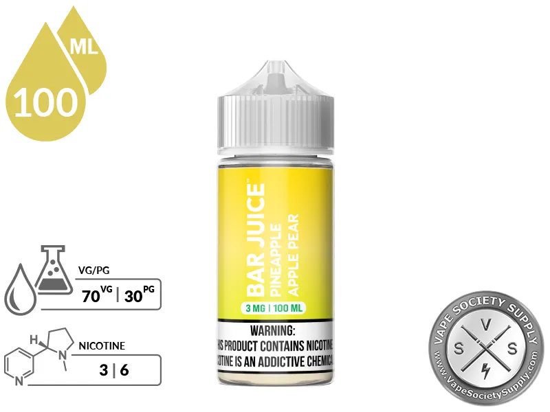Pineapple Apple Pear by Bar Juice 100ml bottle with a 70/30 VG/PG icon and nicotine strength icons