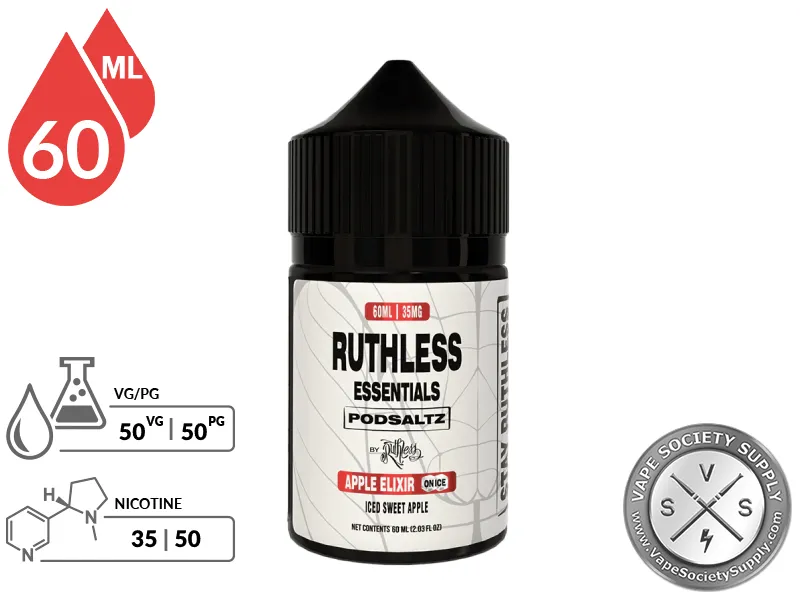 Apple Elixir On Ice Ruthless Essentials Pod Salt 60ml bottle with a 50/50 VG/PG icon and nicotine strength icons