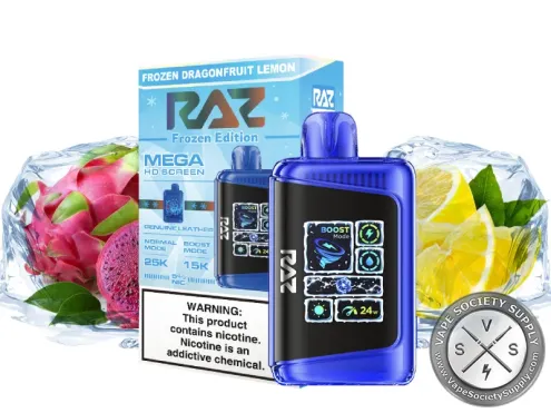 RAZ LTX 25K Frozen Edition Dragonfruit Lemon disposable vape and box with dragon fruit, lemon and ice