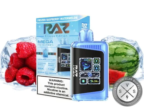 RAZ LTX 25K Frozen Edition Raspberry Watermelon disposable vape and box with raspberries, watermelon and ice