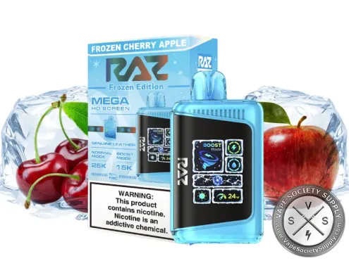 RAZ LTX 25K Frozen Edition Cherry Apple disposable vape and box with cherries, an apple and ice
