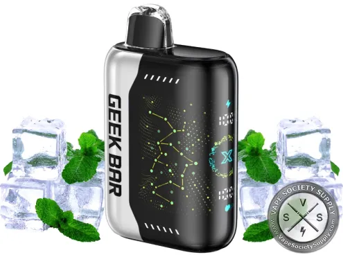 Geek Bar Pulse X Cool Mint disposable vape with a silver side panel, next to ice cubes and mint leaves
