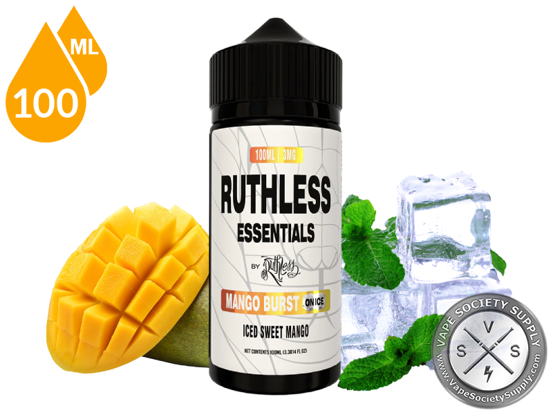 Mango Burst On Ice Ruthless Essentials 100ml bottle with mango, mint leaves and ice