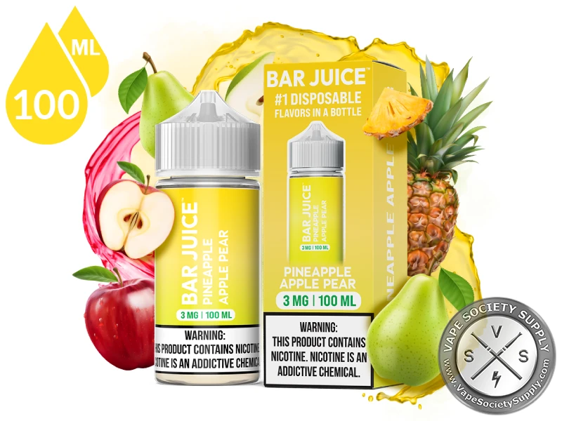 Pineapple Apple Pear by Bar Juice 100ml bottle and box with a pineapple, an apple and pears