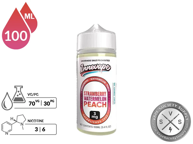 Strawberry Watermelon Peach Innevape 100ml bottle with a 70/30 VG/PG icon and nicotine strength icons