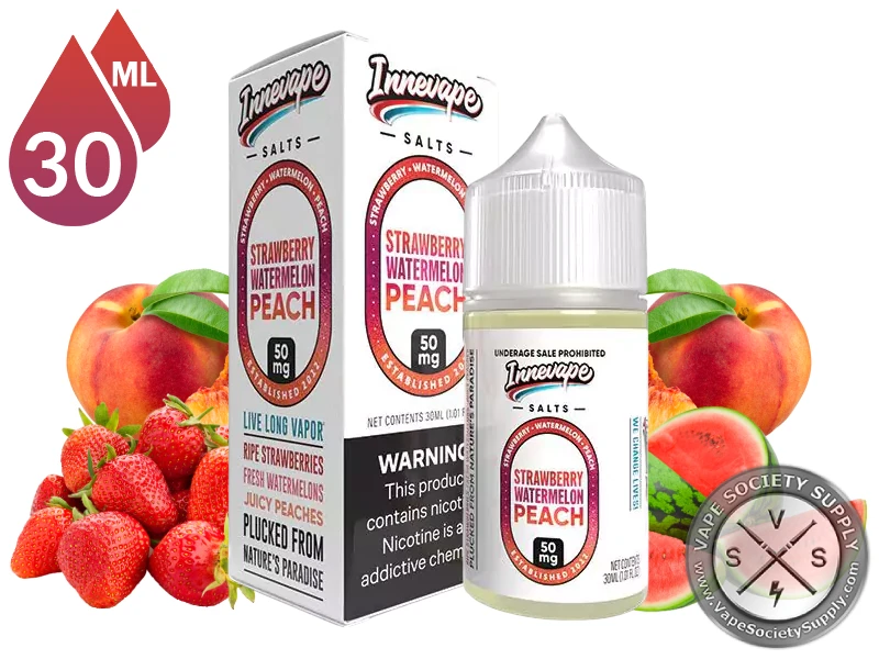 Strawberry Watermelon Peach Innevape Salts 30ml bottle and box with strawberries and peaches