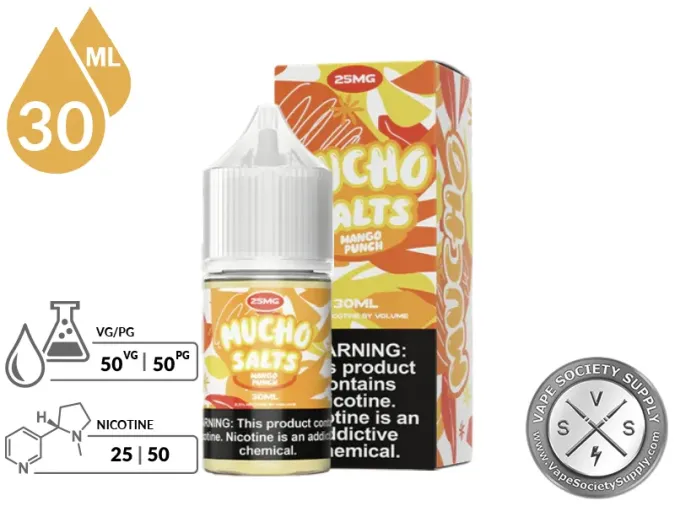 Mango Punch by Mucho Salts 30ml bottle and box with a 50/50 VG/PG icon and nicotine strength icons
