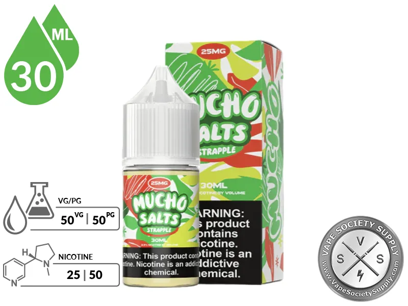 Strapple by Mucho Salts 30ml bottle and box with a 50/50 VG/PG icon and nicotine strength icons