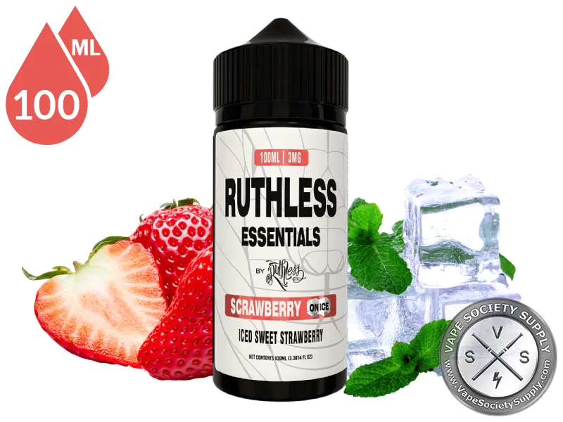 Scrawberry Skitz Ruthless Essentials 100ml bottle with strawberries, mint leaves and ice