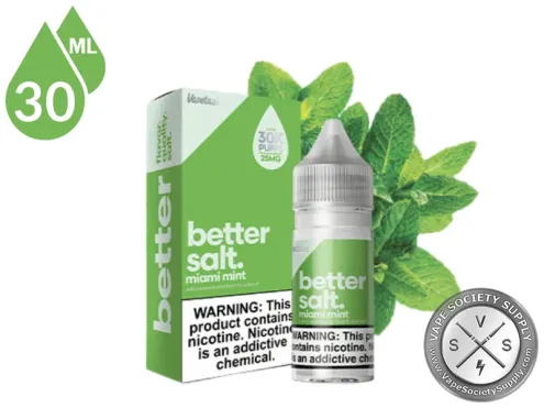 Miami Mint Better Salt 30ml bottle with the box and mint leaves