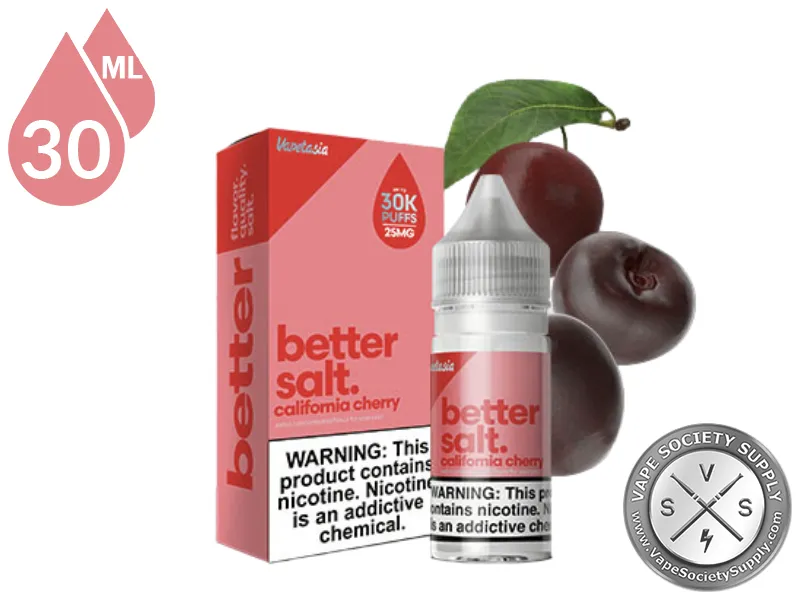 California Cherry Better Salt 30ml bottle with the box and dark cherries