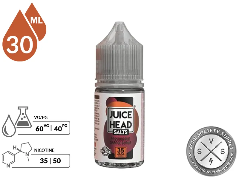 Tropical POG Juice Head Salts 30ml bottle with VG/PG and nicotine strength icons