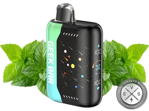 Geek Bar Pulse X ATL Mint disposable vape with a green side panel, next to mint leaves