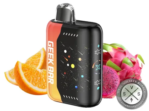 Geek Bar Pulse X Orange Dragon disposable vape with an orange side panel, next to orange slices and dragon fruit