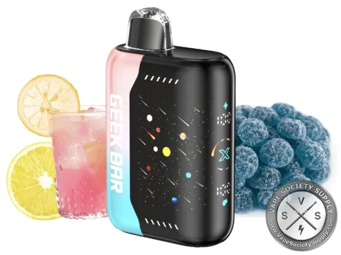 Geek Bar Pulse X Pink & Blue disposable vape with a pink and blue side panel, next to a glass of pink lemonade, lemon slices and blue sugar-coated candies