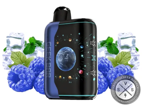 Geek Bar Pulse X Platinum Edition Blue Razz Ice disposable vape with a navy blue side panel, next to blue raspberries, ice cubes and mint leaves