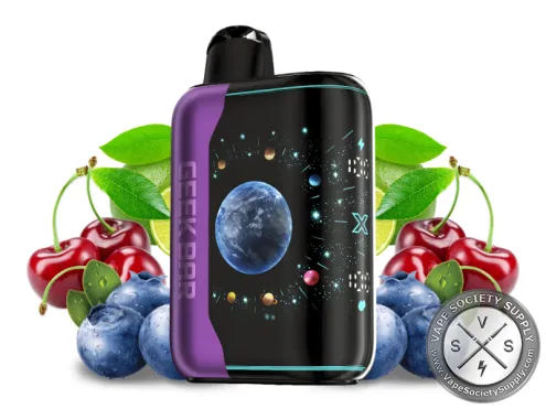Geek Bar Pulse X Platinum Edition Berry Cherry Lime disposable vape with a purple side panel, next to cherries, blueberries and limes