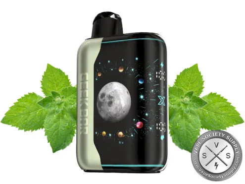 Geek Bar Pulse X Platinum Edition Miami Mint disposable vape with a sage green side panel, next to mint leaves