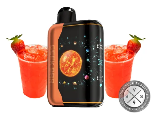 Geek Bar Pulse X Platinum Edition Punch disposable vape with a copper side panel, next to glasses of red punch with strawberries