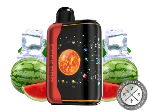 Geek Bar Pulse X Platinum Edition Watermelon Ice disposable vape with a red side panel, next to watermelons and ice cubes