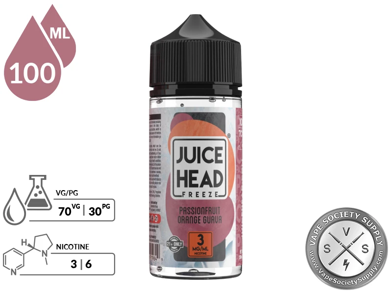 Tropical POG Juice Head Freeze 100ml bottle with a 70/30 VG/PG icon and nicotine strength icons