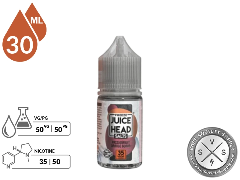 Tropical POG Juice Head Freeze Salts 30ml bottle with a 50/50 VG/PG icon and nicotine strength icons