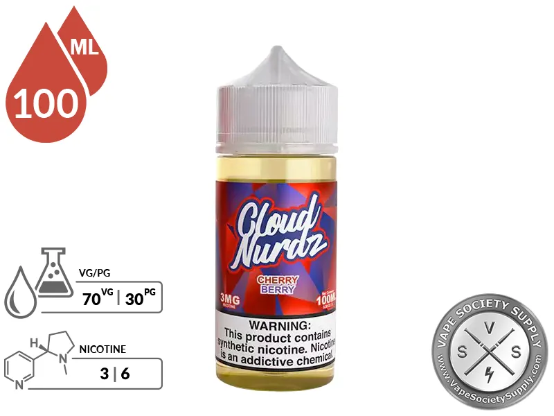 Cherry Berry by Cloud Nurdz 100ml bottle with a 70/30 VG/PG icon and nicotine strength icons