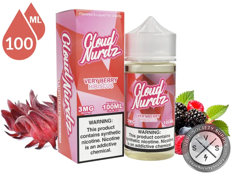 Very Berry Hibiscus by Cloud Nurdz 100ml bottle and box with hibiscus flowers and mixed berries