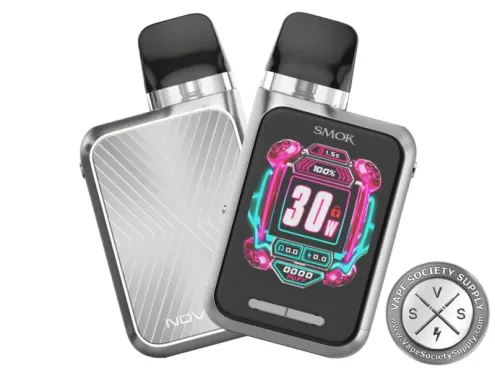 SMOK Novo GT Box pod system in Silver: a silver frame and a silver back with fine diagonal lines