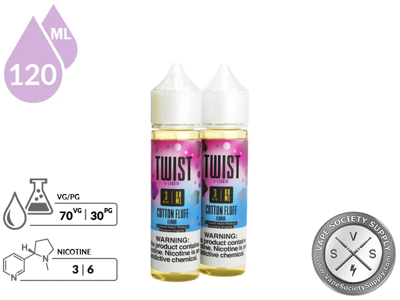 Cotton Fluff by Twist 120ml bottles with a 70/30 VG/PG icon and nicotine strength icons