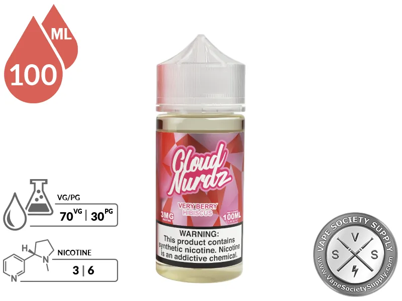 Very Berry Hibiscus by Cloud Nurdz 100ml bottle with a 70/30 VG/PG icon and nicotine strength icons