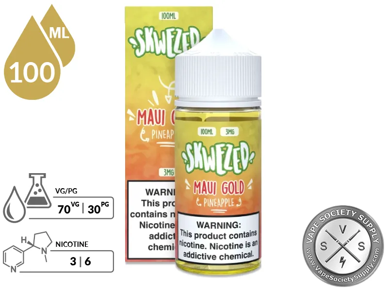 Pineapple by Skwezed 100ml bottle and box with a 70/30 VG/PG icon and nicotine strength icons