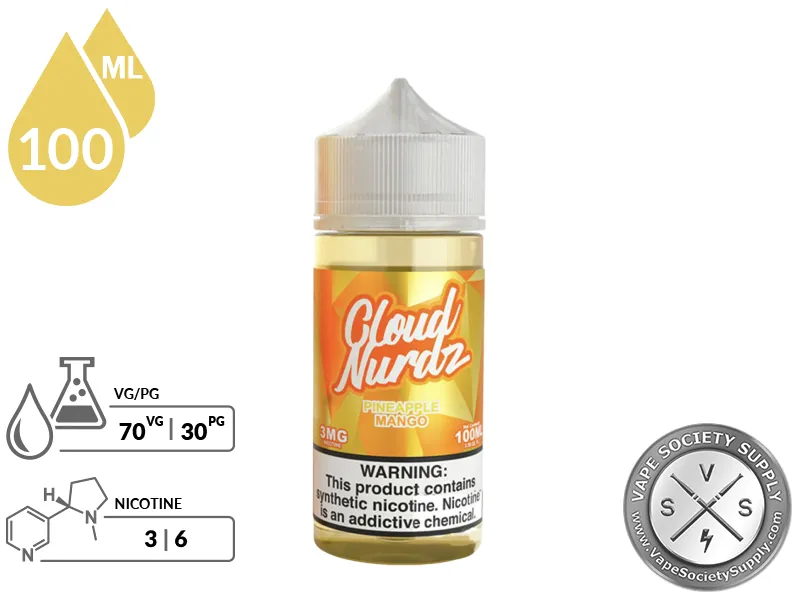 Pineapple Mango by Cloud Nurdz 100ml bottle with a 70/30 VG/PG icon and nicotine strength icons
