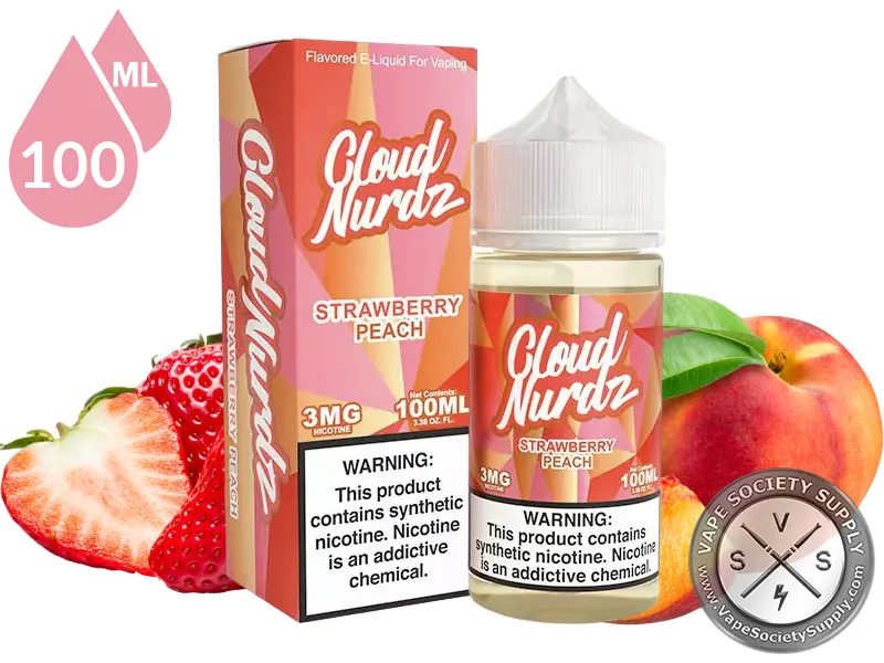 Strawberry Peach by Cloud Nurdz 100ml bottle and box with strawberries and a peach