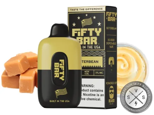 Fifty Bar 20K Black Series Butterbean, shown on the older Fifty Bar 6500 device and box, with caramel cubes and custard