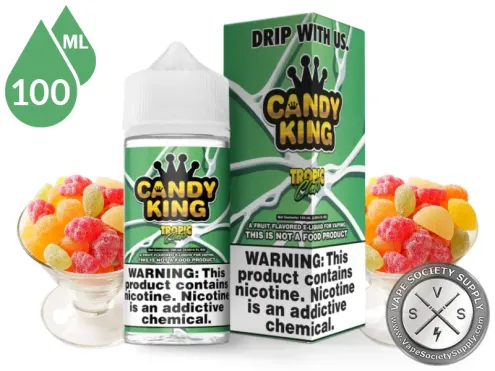 Tropic Chews Candy King 100ml bottle and box with glass bowls of fruit chews
