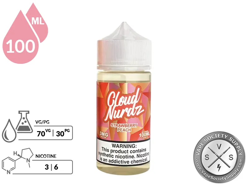 Strawberry Peach by Cloud Nurdz 100ml bottle with a 70/30 VG/PG icon and nicotine strength icons
