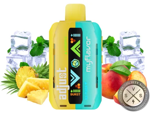 Adjust MyFlavor 40K Pineapple Ice Peach disposable vape in yellow and aqua, next to pineapple, peaches, ice cubes and mint leaves