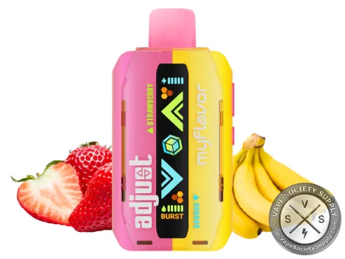 Adjust MyFlavor 40K Strawberry Banana disposable vape in pink and yellow, next to strawberries and bananas