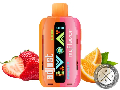 Adjust MyFlavor 40K Orange Strawberry disposable vape in orange and pink, next to strawberries and an orange