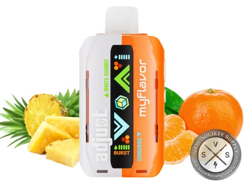Adjust MyFlavor 40K Tangerine White Gummy disposable vape in white and orange, next to pineapple chunks and tangerines