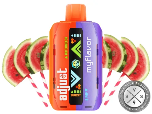 Adjust MyFlavor 40K Watermelon B-Pop disposable vape in orange and purple, next to watermelon slices on striped sticks