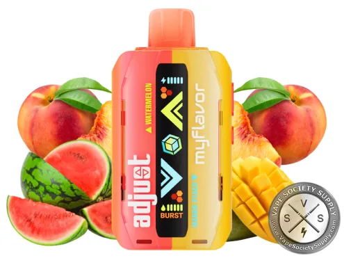 Adjust MyFlavor 40K Watermelon Mango Peach disposable vape in coral and yellow, next to peaches, watermelon slices and a mango