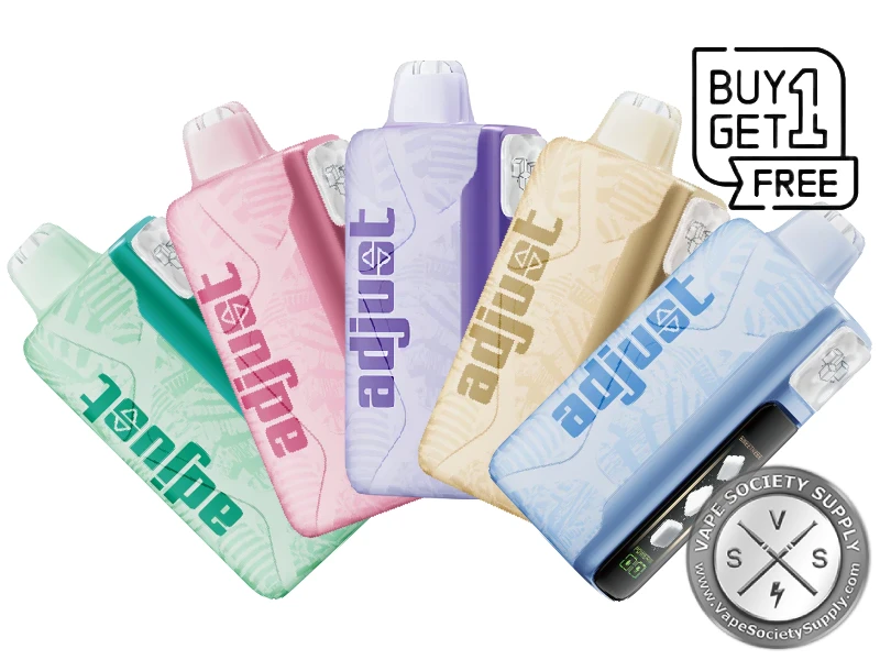 Five Adjust MySweet 40K disposable vapes in mint green, pink, lilac, cream and light blue with a Buy 1 Get 1 Free badge