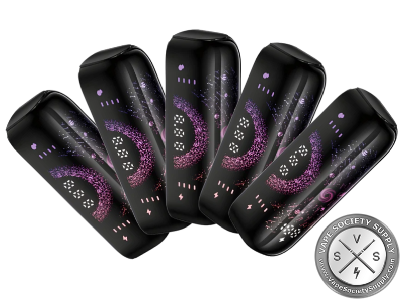 Five black Digiflavor BRK Batteries fanned out, with purple patterns on their screens