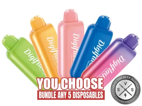 [5-Pack] Geek Bar Digiflavor BRK 20K Disposable Pods Bundle: five Digiflavor BRK pods in green, orange, pink, blue and purple with a You Choose, Bundle Any 5 Disposables banner